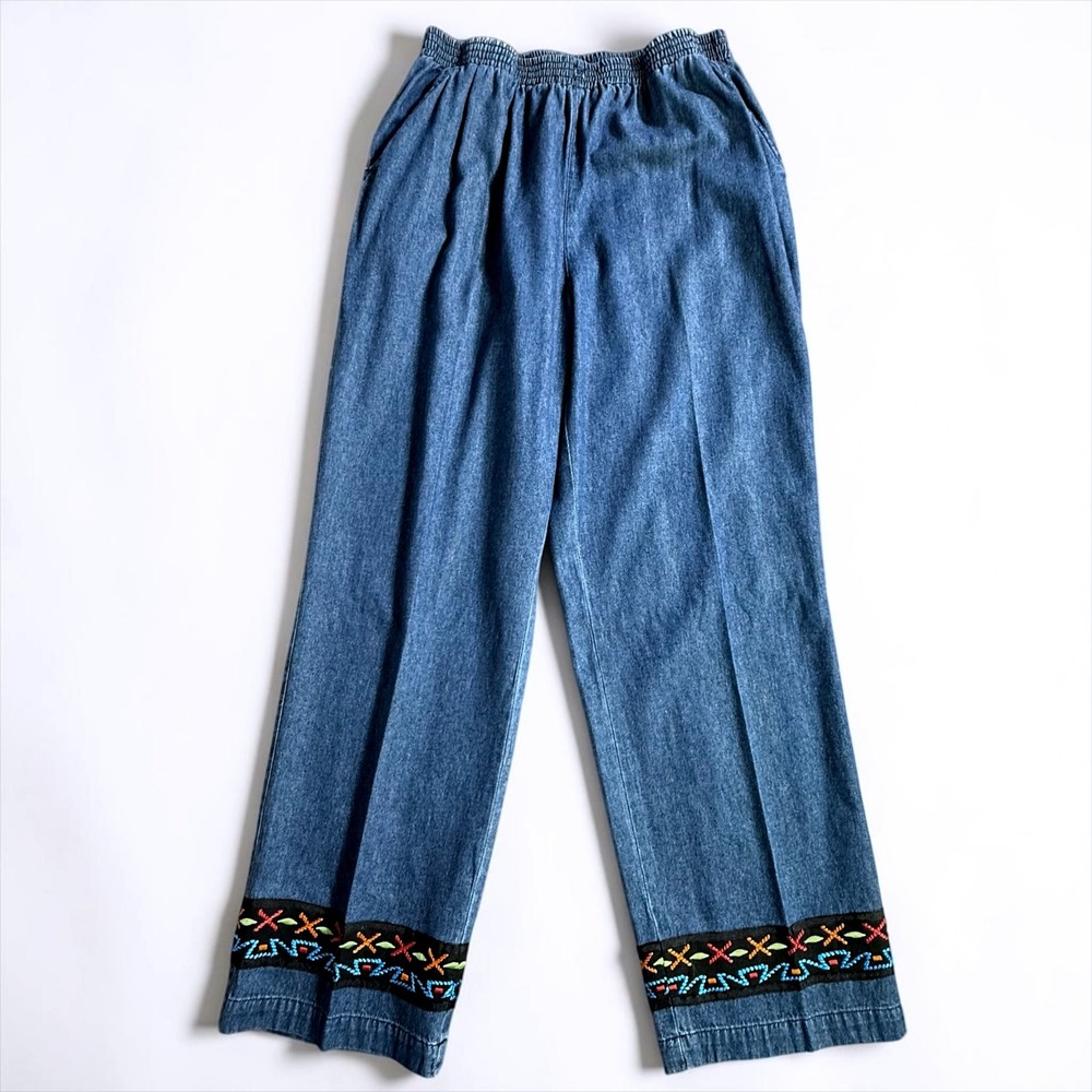 Stonebridge Vintage Denim Pants Medium Blue Embroidered Cuff Elastic Waist